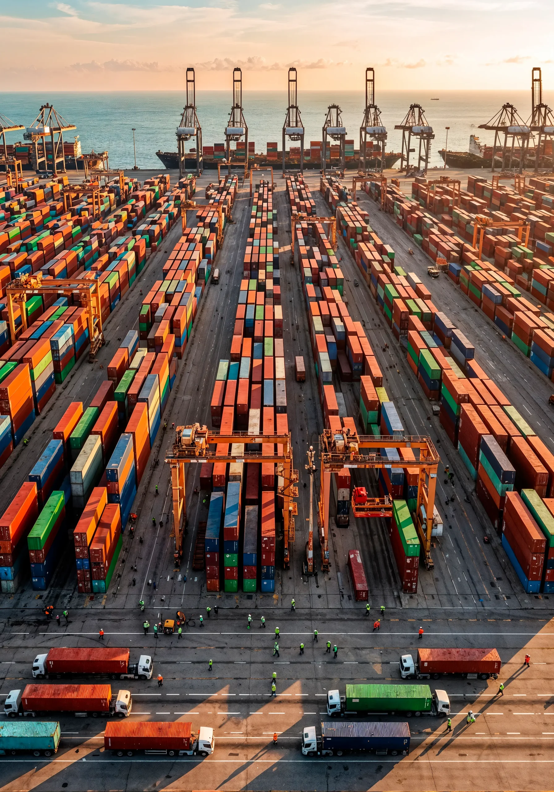 Aerial view of container port with cargo ships and trucks highlighting large-scale operations of Cross-Border Shipping Companies