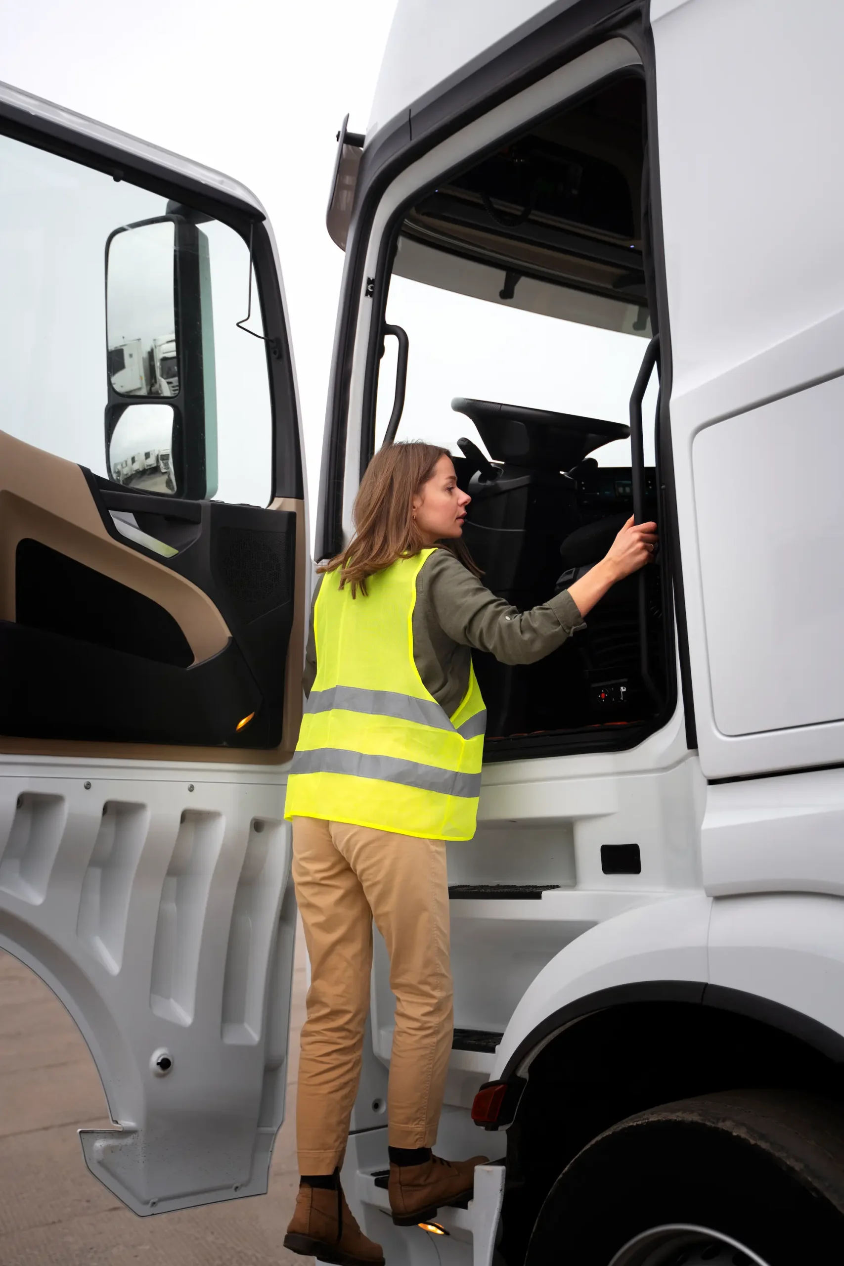 Professional female driver entering truck cabin representing a reliable trucking company in Vancouver for commercial freight transport