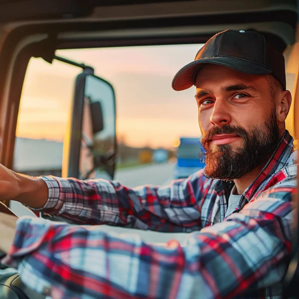 Experienced truck driver behind the wheel during sunset highlighting long-haul Trucking in British Columbia