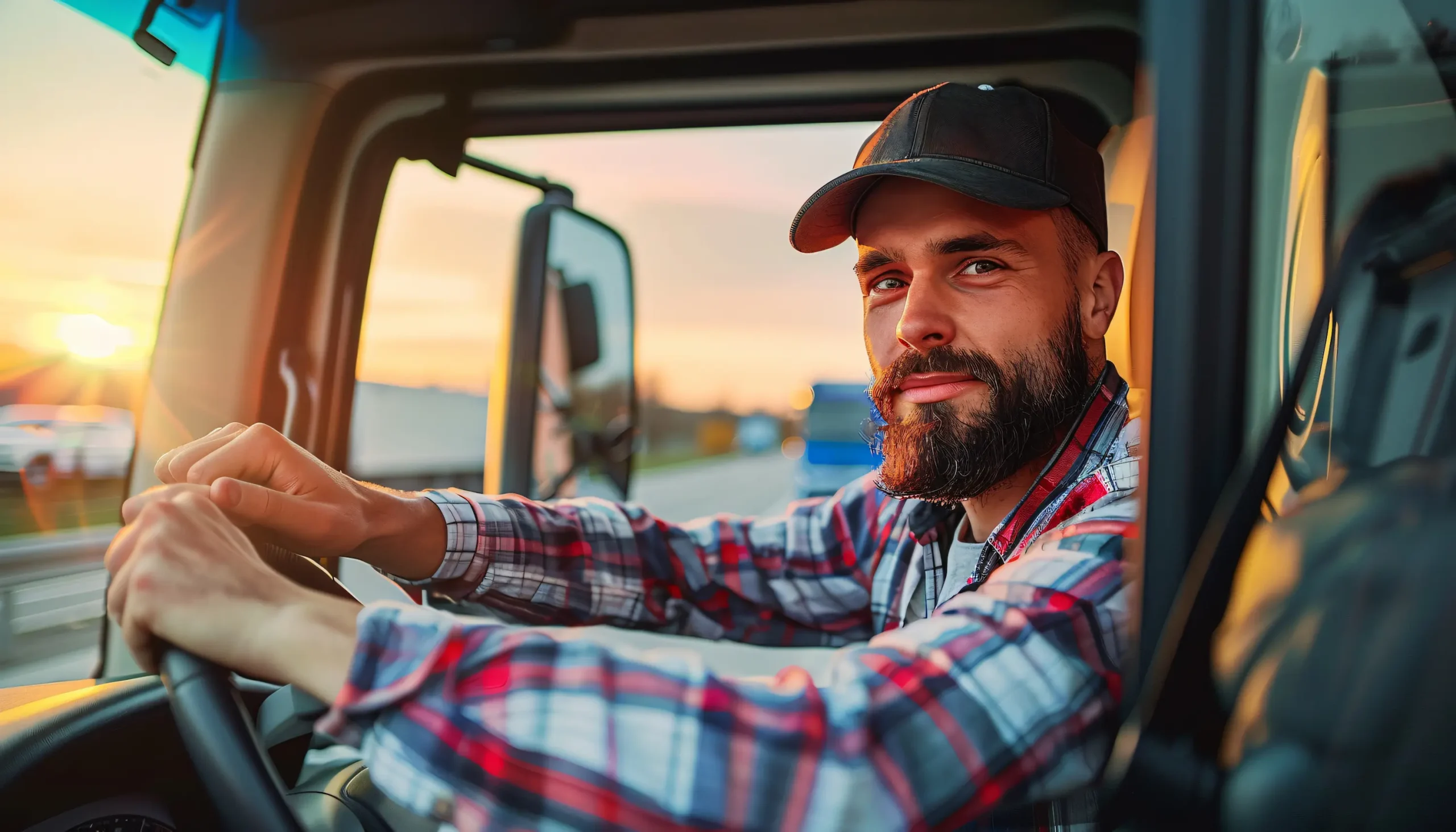 Experienced truck driver behind the wheel during sunset highlighting long-haul Trucking in British Columbia