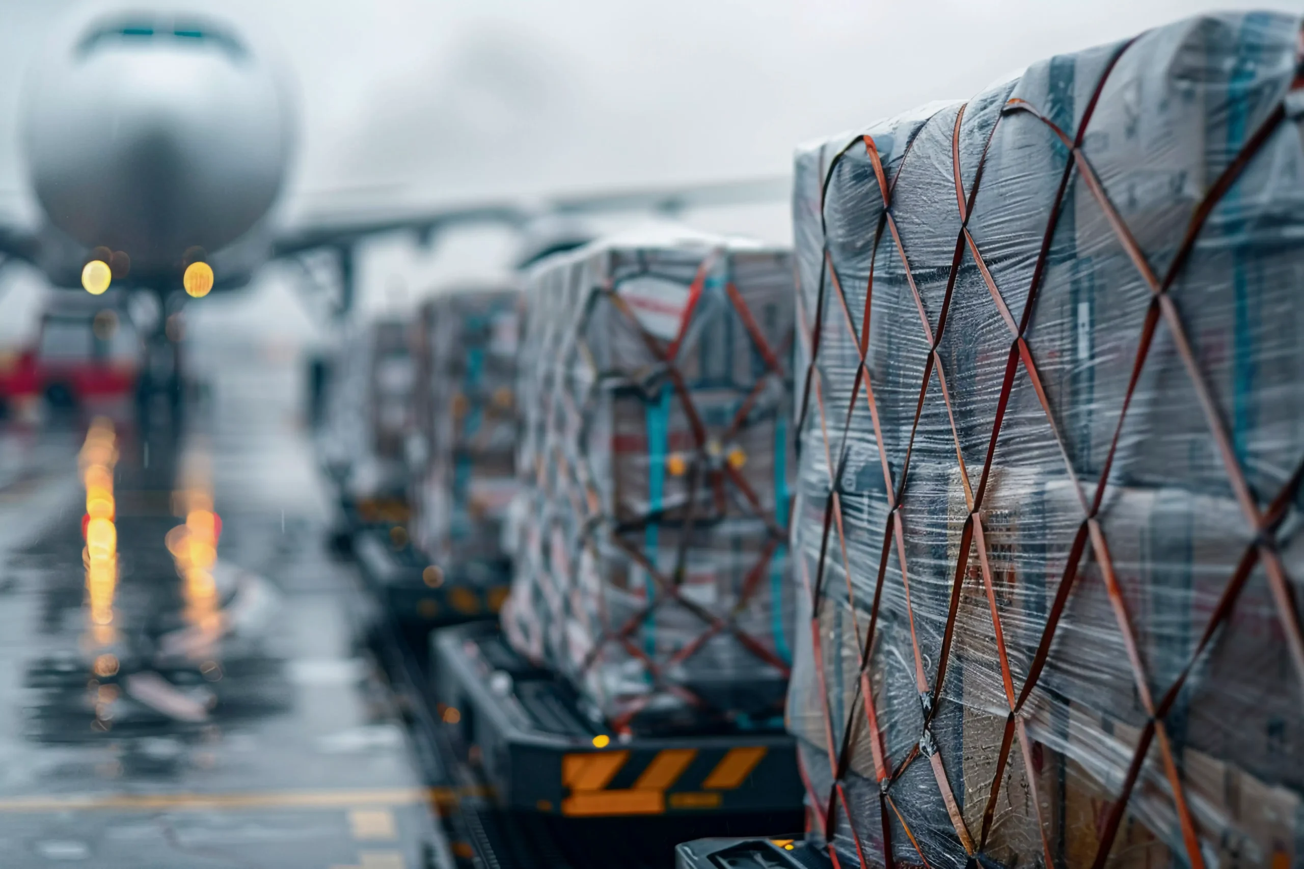 Secured air freight pallets on airport tarmac representing logistics coordination by Cross-Border Shipping Companies