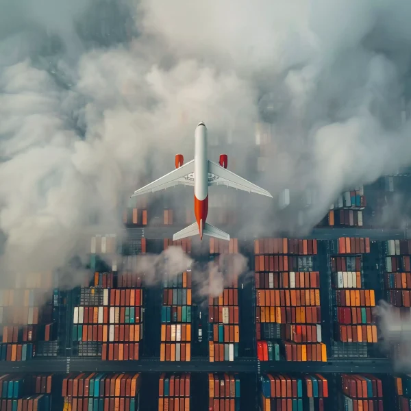Cargo airplane flying above container yard illustrating global operations of Cross-Border Shipping Companies managing international freight