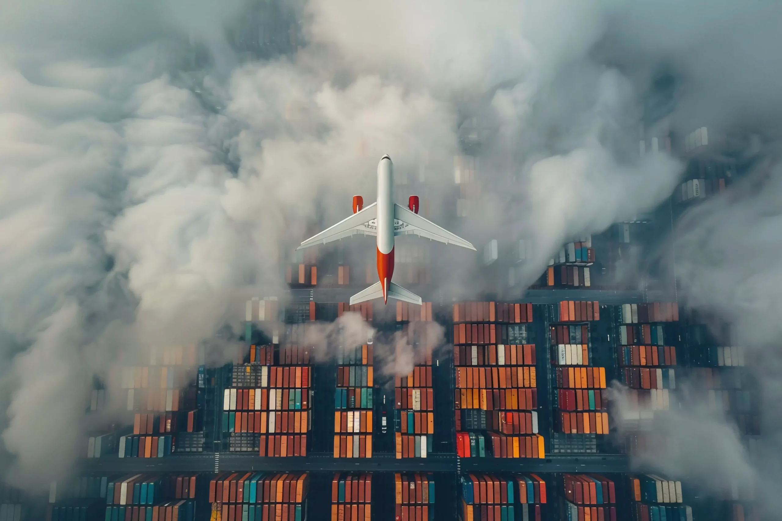 Cargo airplane flying above container yard illustrating global operations of Cross-Border Shipping Companies managing international freight