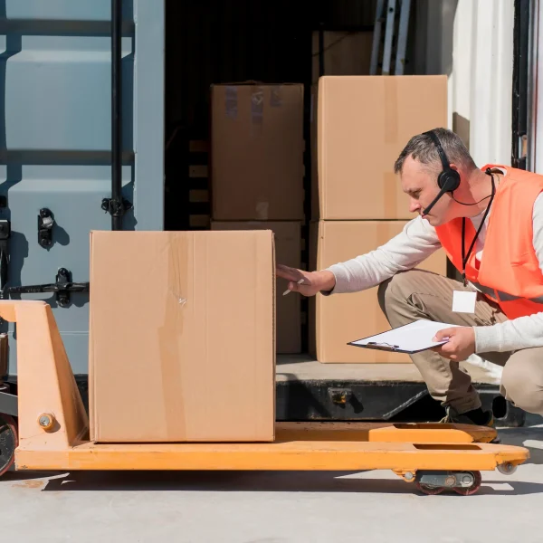 Warehouse worker inspecting shipment box during freight transport Canada operations at a loading dock with pallet truck and cargo container