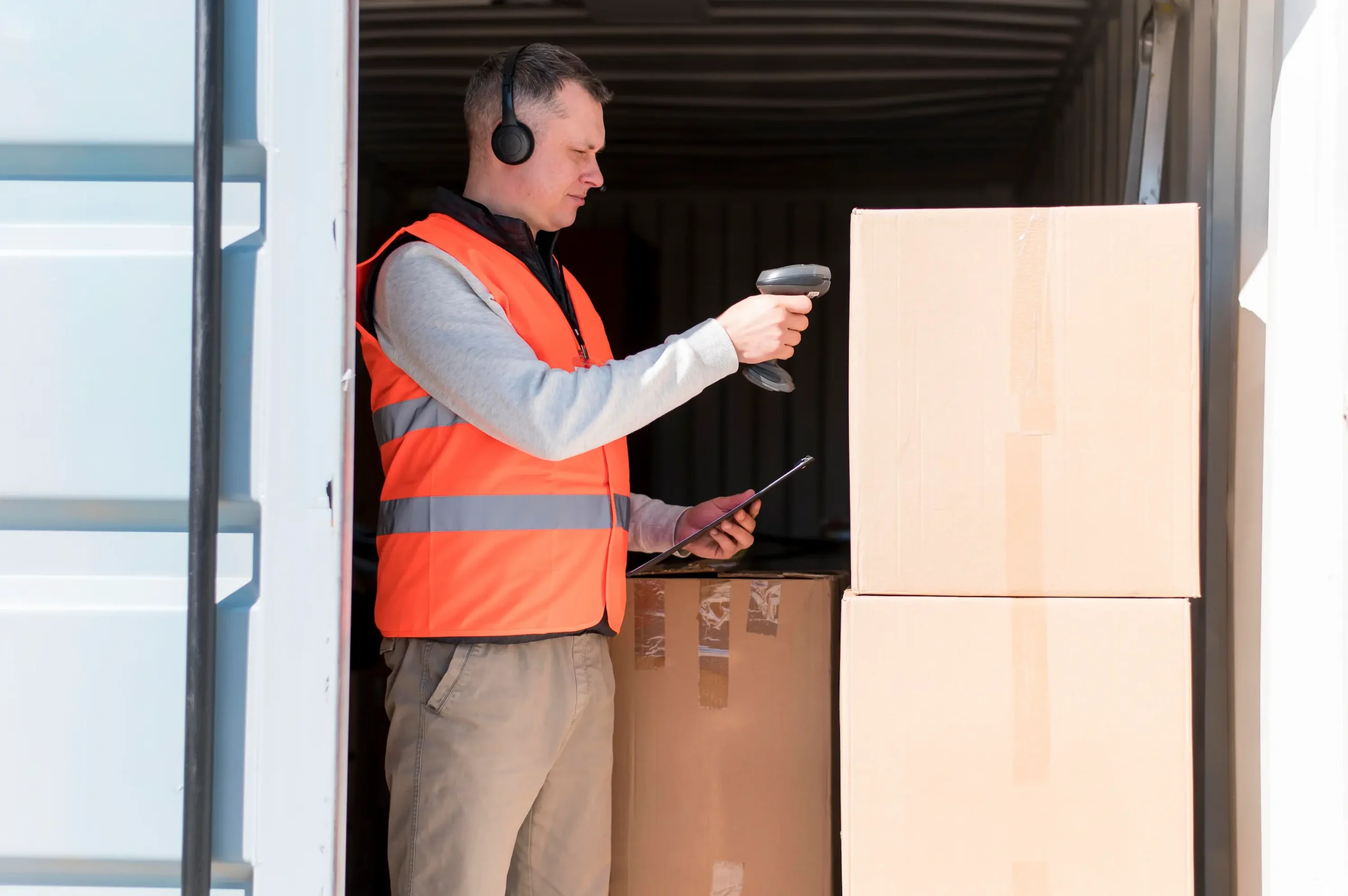 Freight Transportation Services in Canada logistics staff documenting shipment details on cargo boxes at distribution center