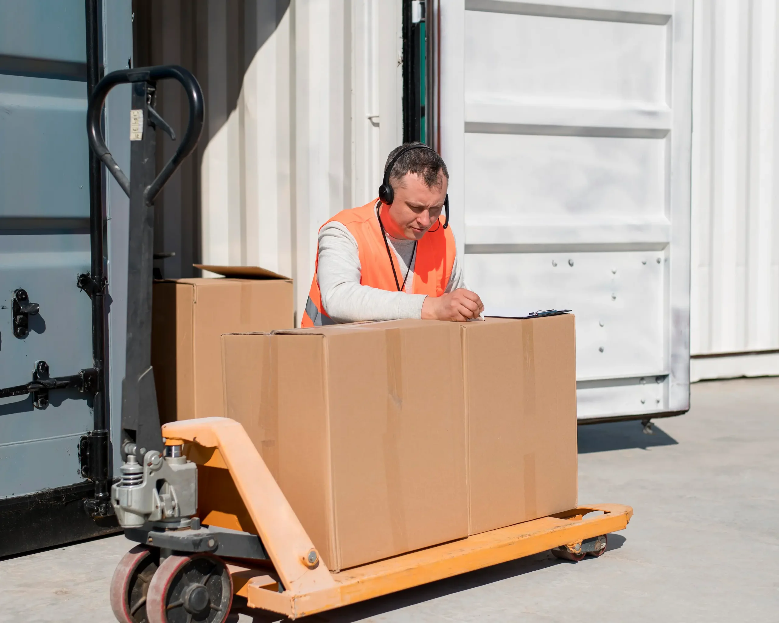 Freight Transportation Services in Canada worker inspecting shipment box on pallet jack at warehouse loading dock