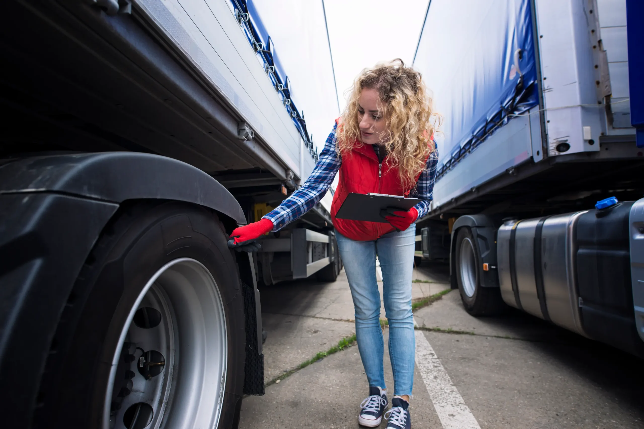 Professional driver performing safety tire check between trailers during Cross-border trucking Canada to USA logistics operations