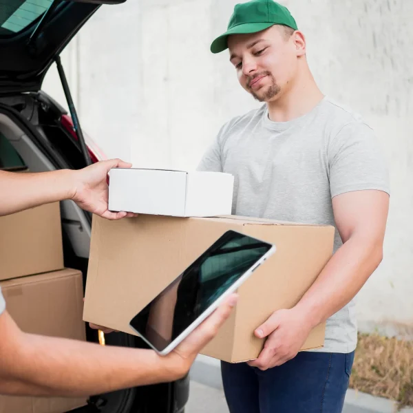 Package handover with digital confirmation representing efficient Logistics transportation services for last-mile delivery