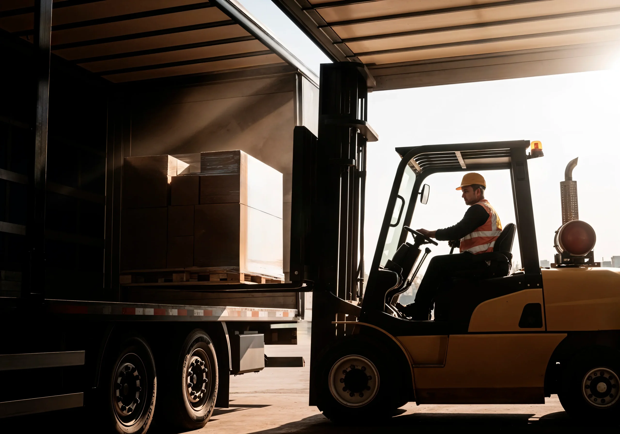 Forklift loading palletized cargo into semi truck at warehouse for a Logistics company in Vancouver