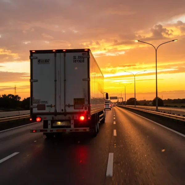 Freight truck traveling on sunset highway illustrating long-distance logistics provided by carrier services
