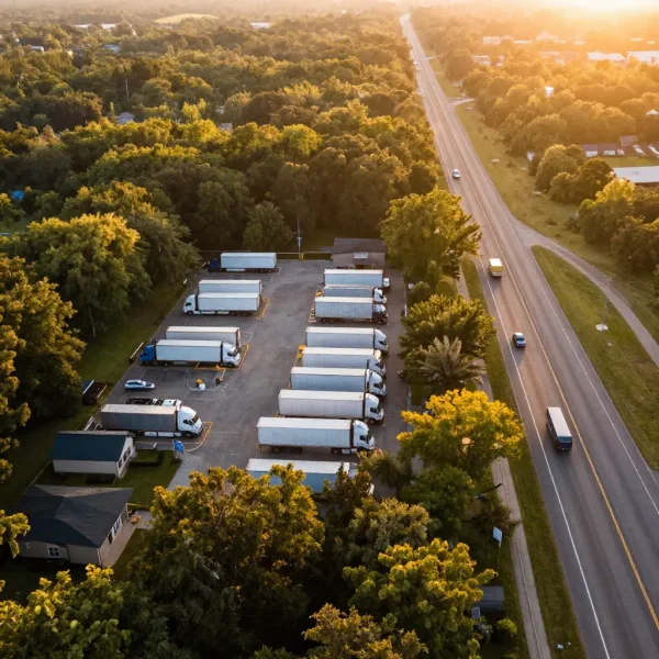Aerial view of truck parking facility and highway used by Trucking companies in Vancouver BC for regional freight operations