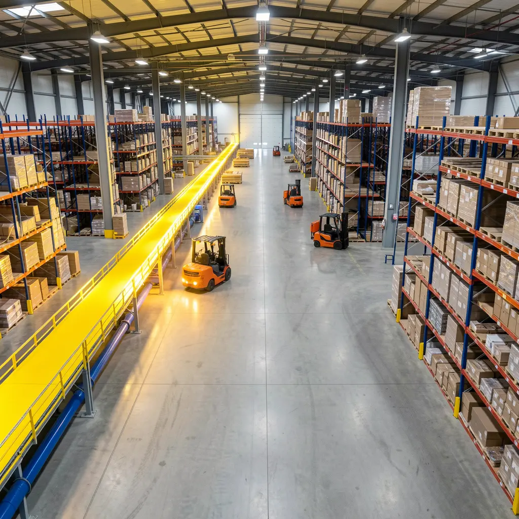 Large distribution warehouse with forklifts and storage racks supporting logistics operations of Trucking companies in Vancouver BC