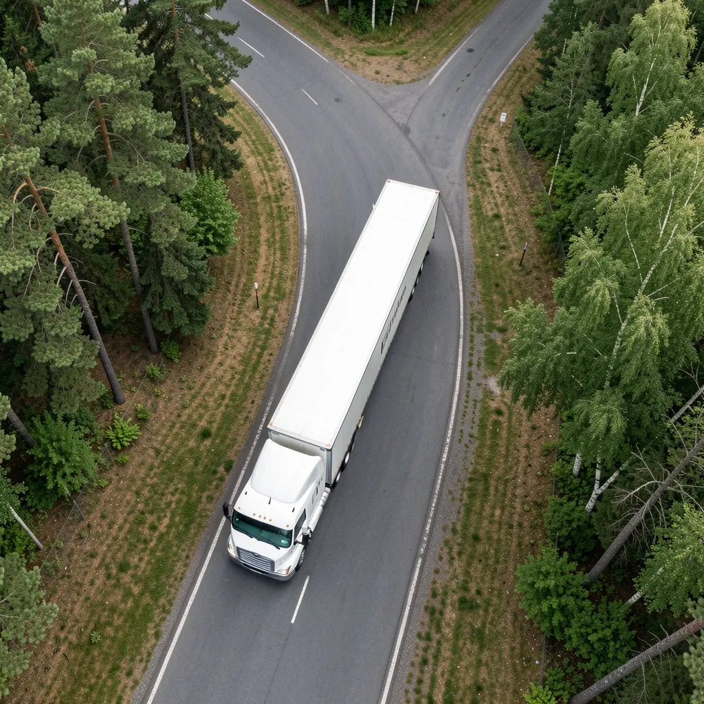 Aerial view of semi-truck transporting cargo on highway representing Freight carrier services Western Canada long-haul operations