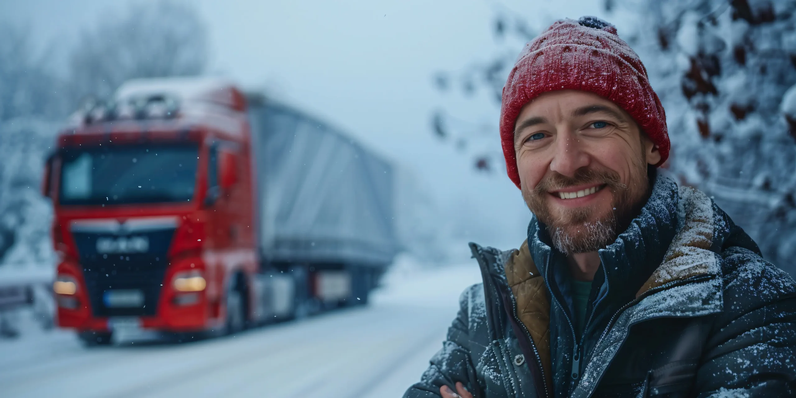 Professional truck driver standing beside freight truck in winter conditions representing reliable Trucking companies in Vancouver BC