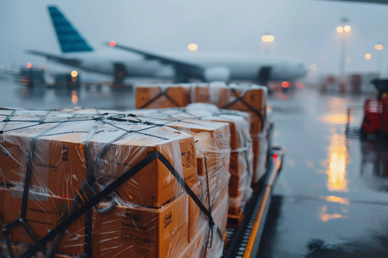 Air cargo pallets secured on airport tarmac awaiting transport by a reliable trucking company BC for coordinated freight logistics