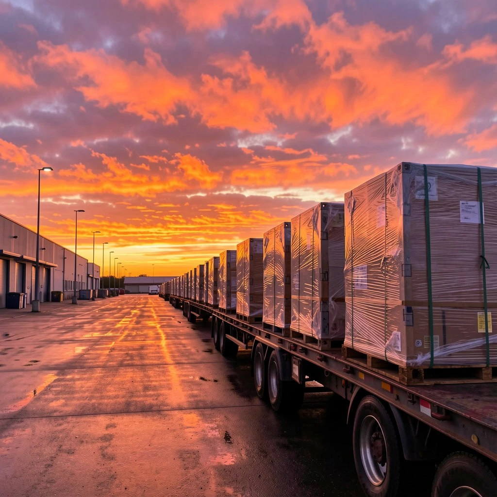 Freight trucks loaded with secured cargo at distribution center representing efficient and reliable shipping services near me for large-scale deliveries
