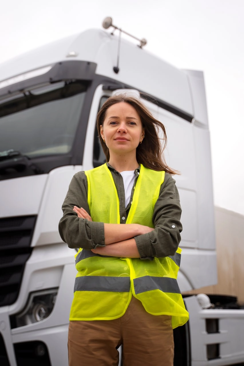 Logistics professional standing in front of freight truck representing reliable shipping services Canada and commercial transportation operations