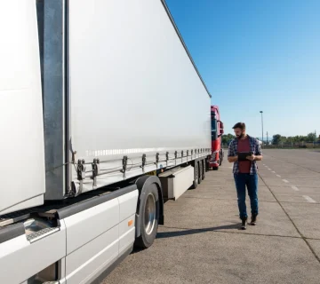 Logistics operator inspecting commercial freight truck at transport yard supporting professional shipping services Canada operations