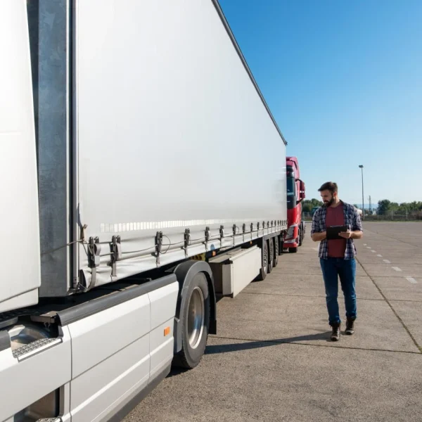 Logistics operator inspecting commercial freight truck at transport yard supporting professional shipping services Canada operations