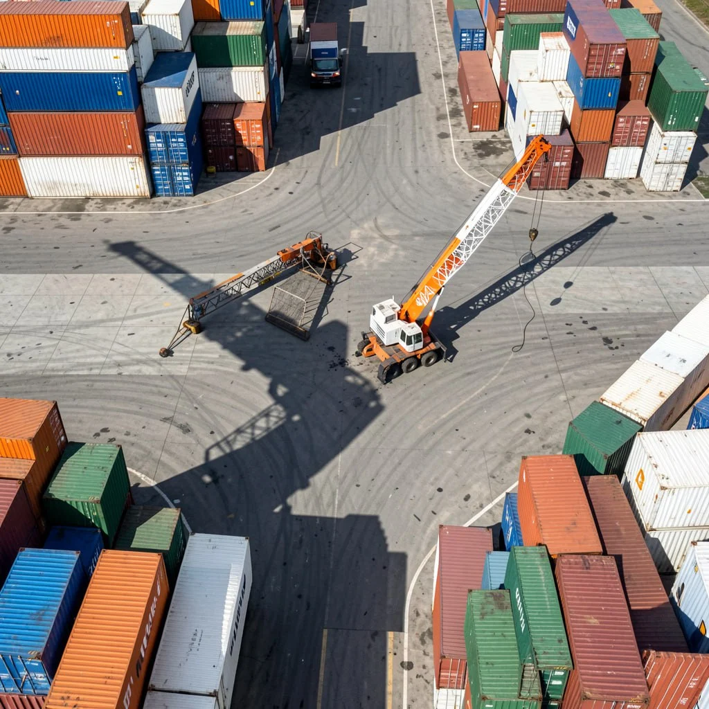 Aerial view of container yard with crane operations supporting international freight and shipping services Canada logistics network