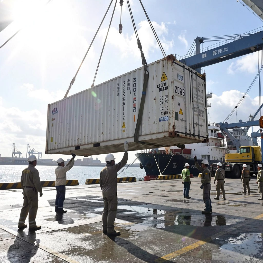 Cargo container being lifted at seaport terminal for international freight transport supporting shipping services Canada operations
