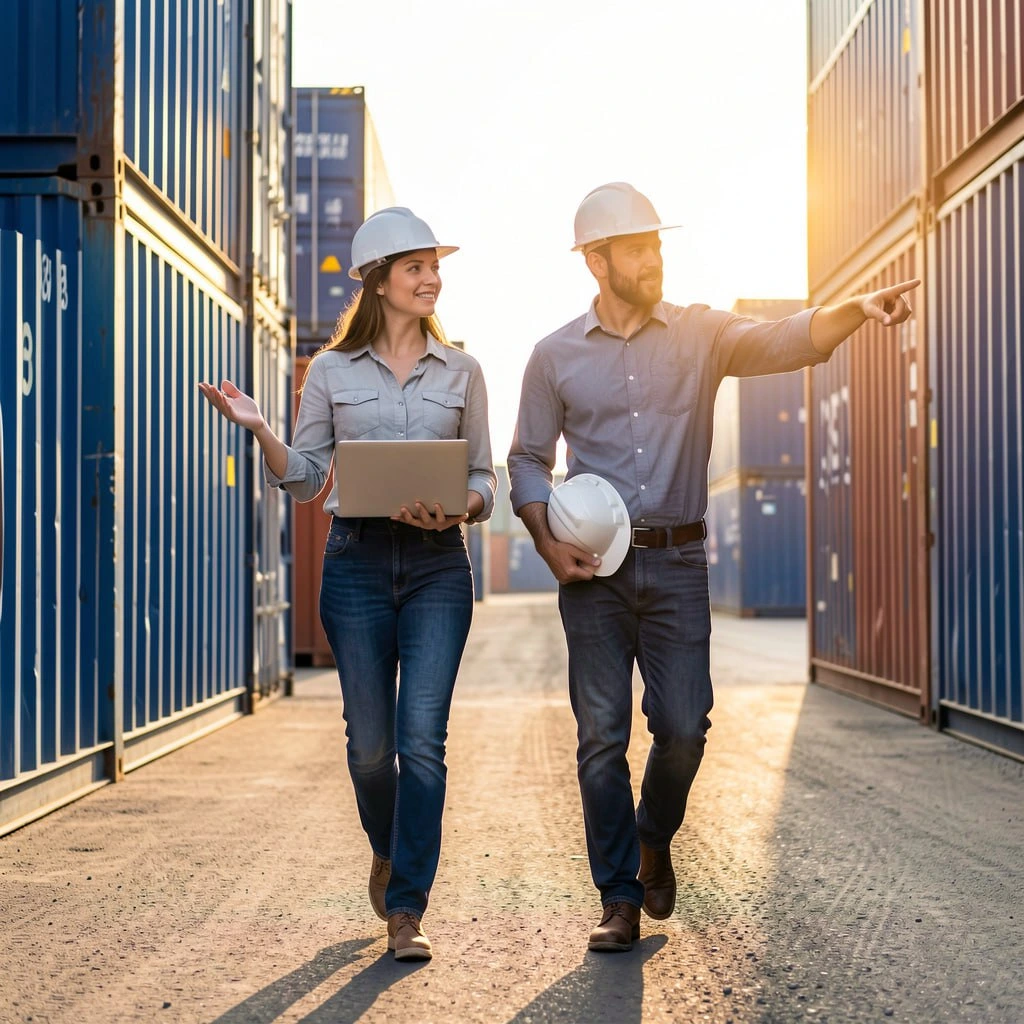 Logistics professionals inspecting shipping containers representing coordinated freight transport services and efficient supply chain management