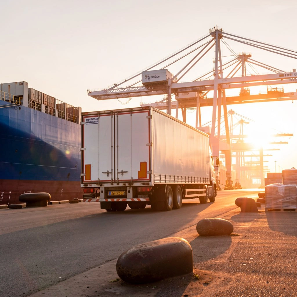 Cargo truck transporting goods at port terminal representing integrated freight transport services and efficient multimodal logistics operations