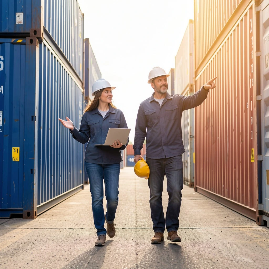 Logistics professionals inspecting shipping containers representing operations of a reliable trucking company BC managing freight distribution and transport logistics