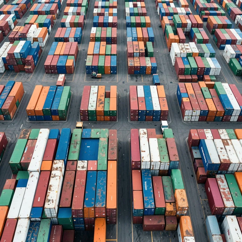 Aerial view of organized shipping containers in freight yard representing large-scale freight transport services and supply chain logistics operations