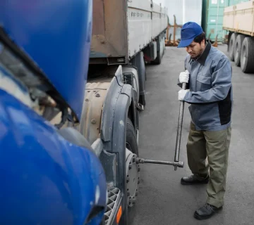 Truck driver performing maintenance on heavy vehicle representing professional hauling freight services and operational reliability