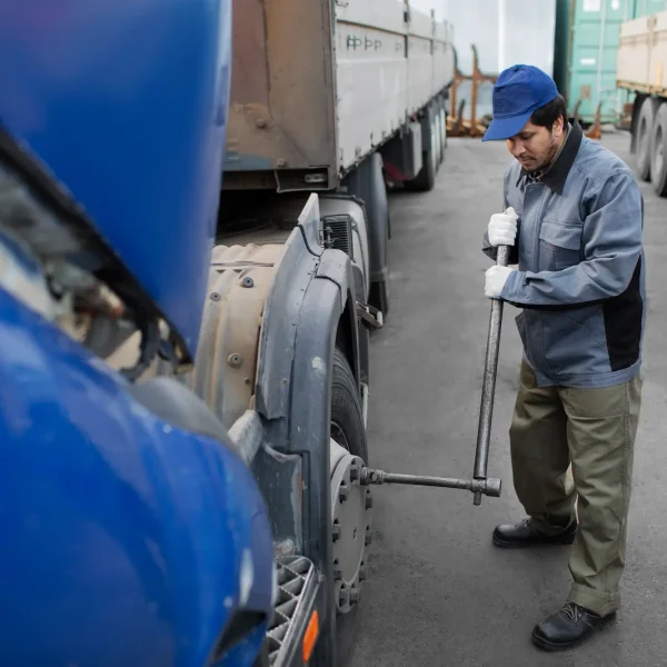 Truck driver performing maintenance on heavy vehicle representing professional hauling freight services and operational reliability
