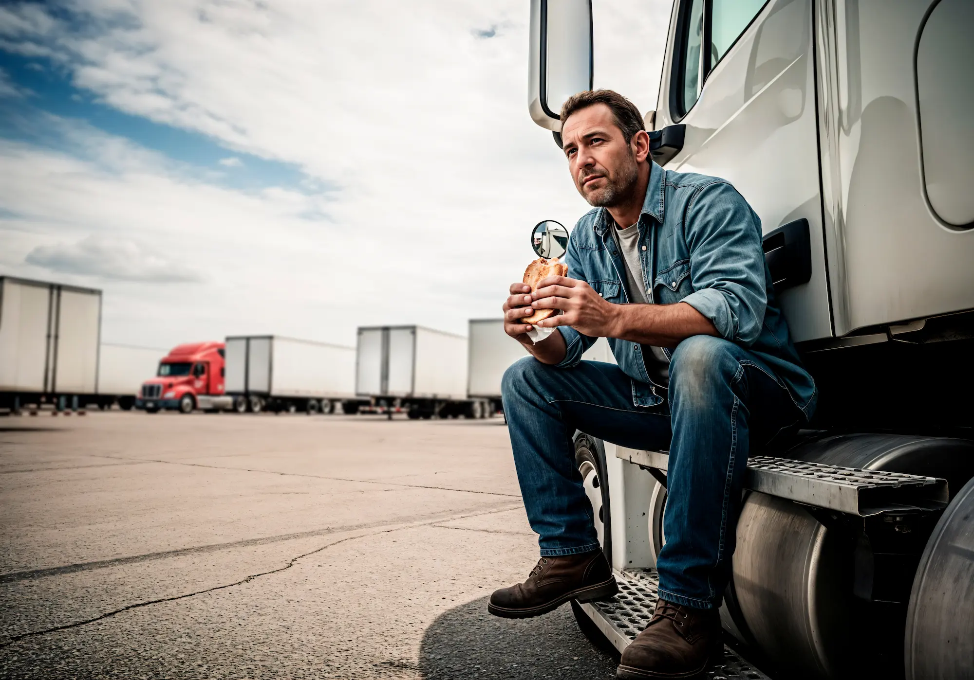 Truck driver taking a break beside semi-truck during long haul for Freight companies Vancouver operations