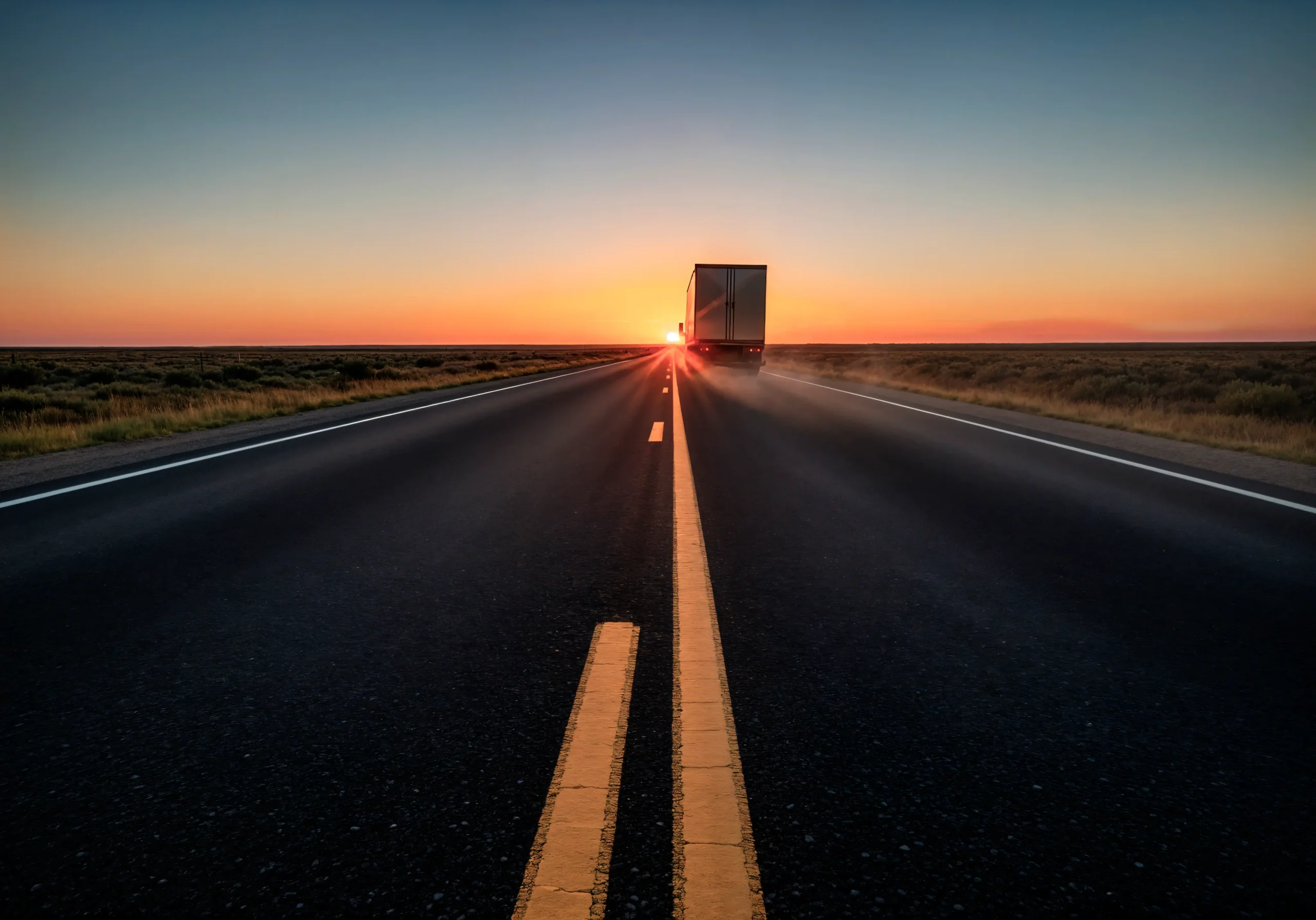 Long haul freight truck driving on open highway at sunset operated by a Logistics company in Vancouver