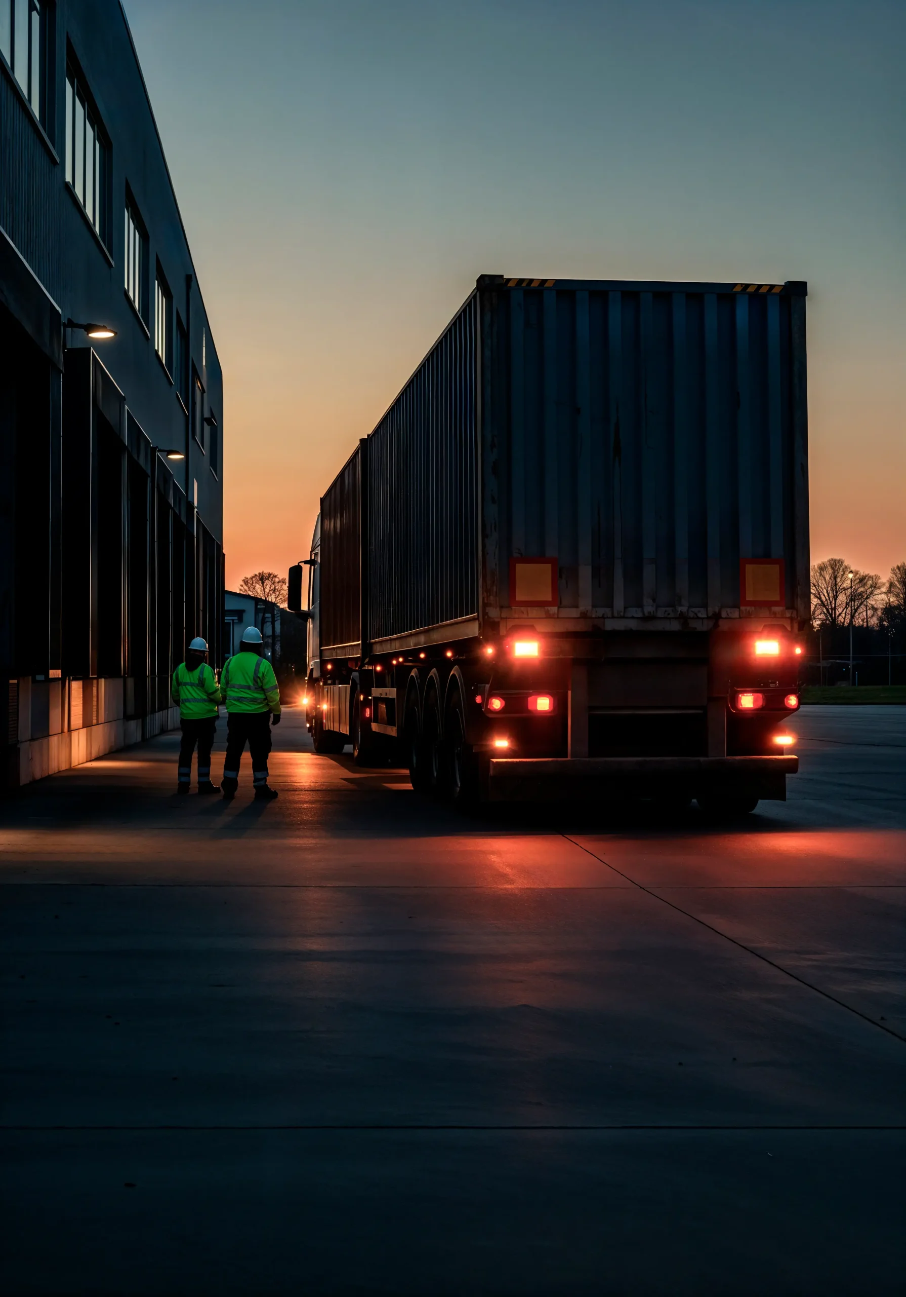 Freight truck arriving at industrial facility during sunset representing operations of a Logistics company in Vancouver