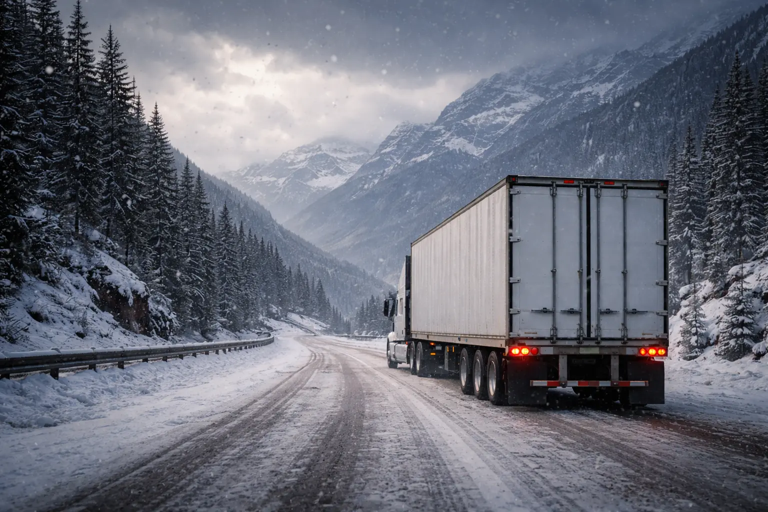 Semi truck driving through snowy mountain road representing reliable transport services in BC and all-weather freight delivery