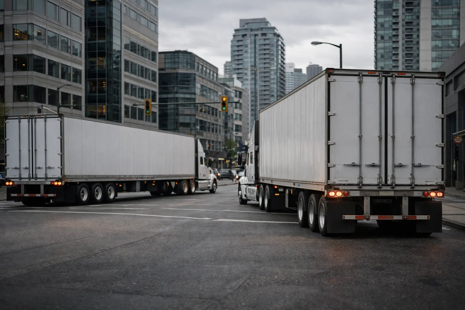 Freight trucks navigating urban city streets representing efficient transport services in BC and regional distribution