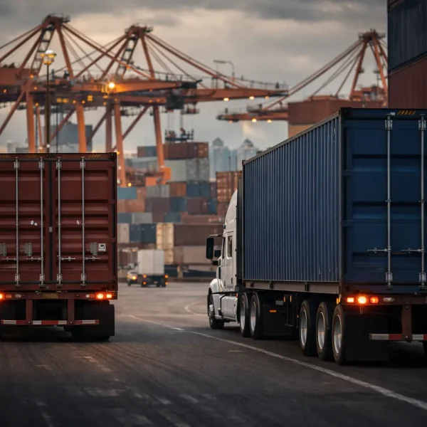 Container trucks at port terminal representing large scale transport services in BC and international freight operations