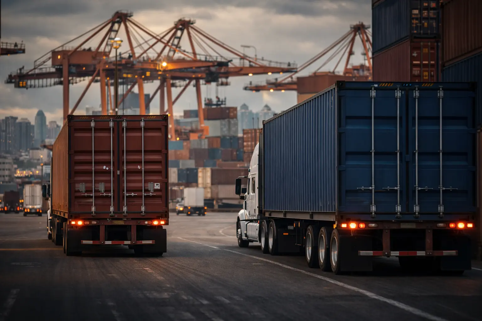 Container trucks at port terminal representing large scale transport services in BC and international freight operations