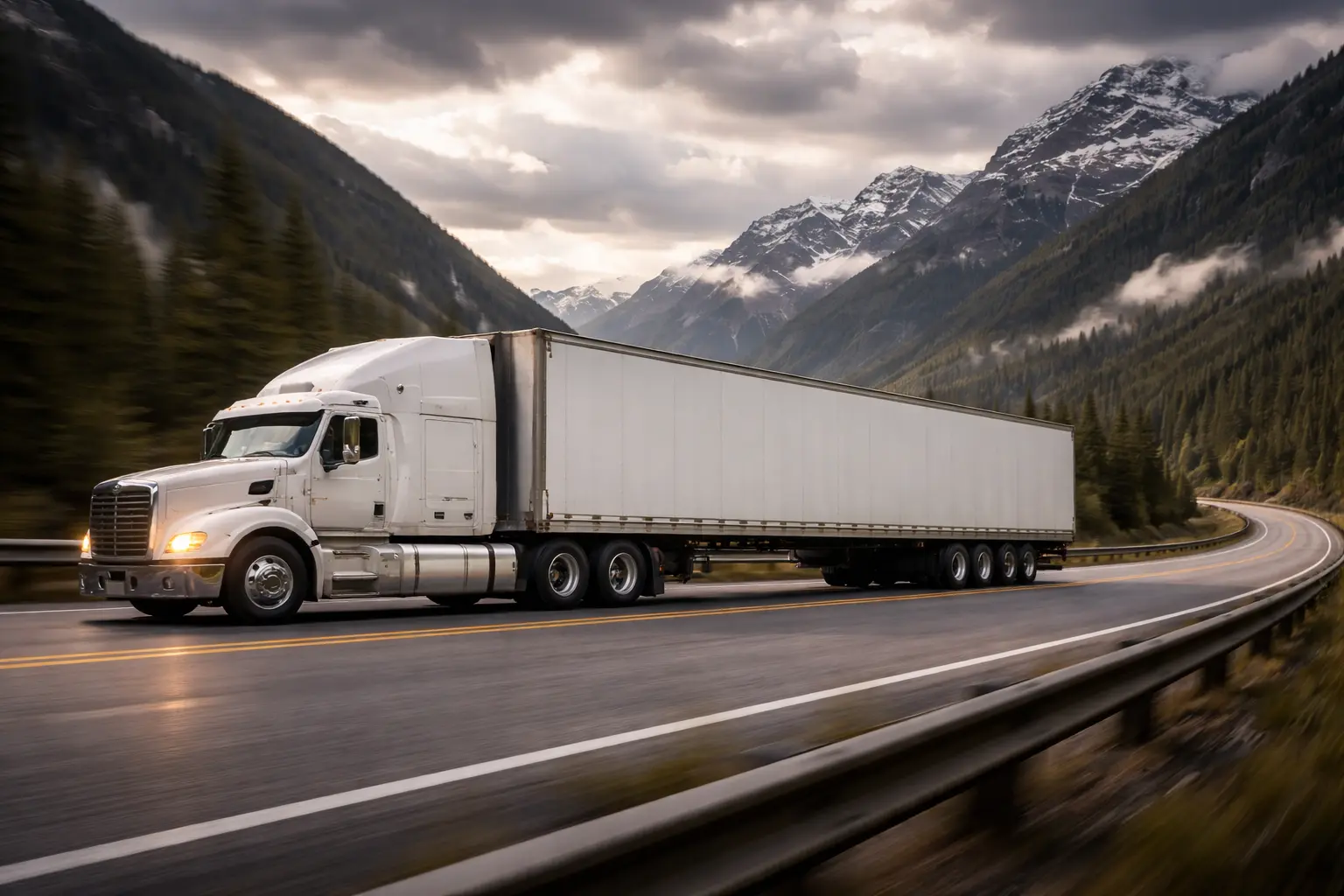 Long haul truck on highway through mountains representing long-distance transport services in BC and cross-regional logistics