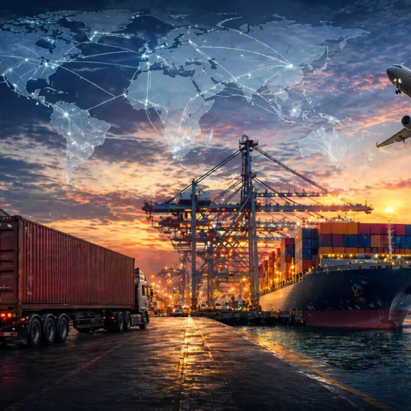 Global shipping network with port, containers, and airplane representing freight forwarders in Canada
