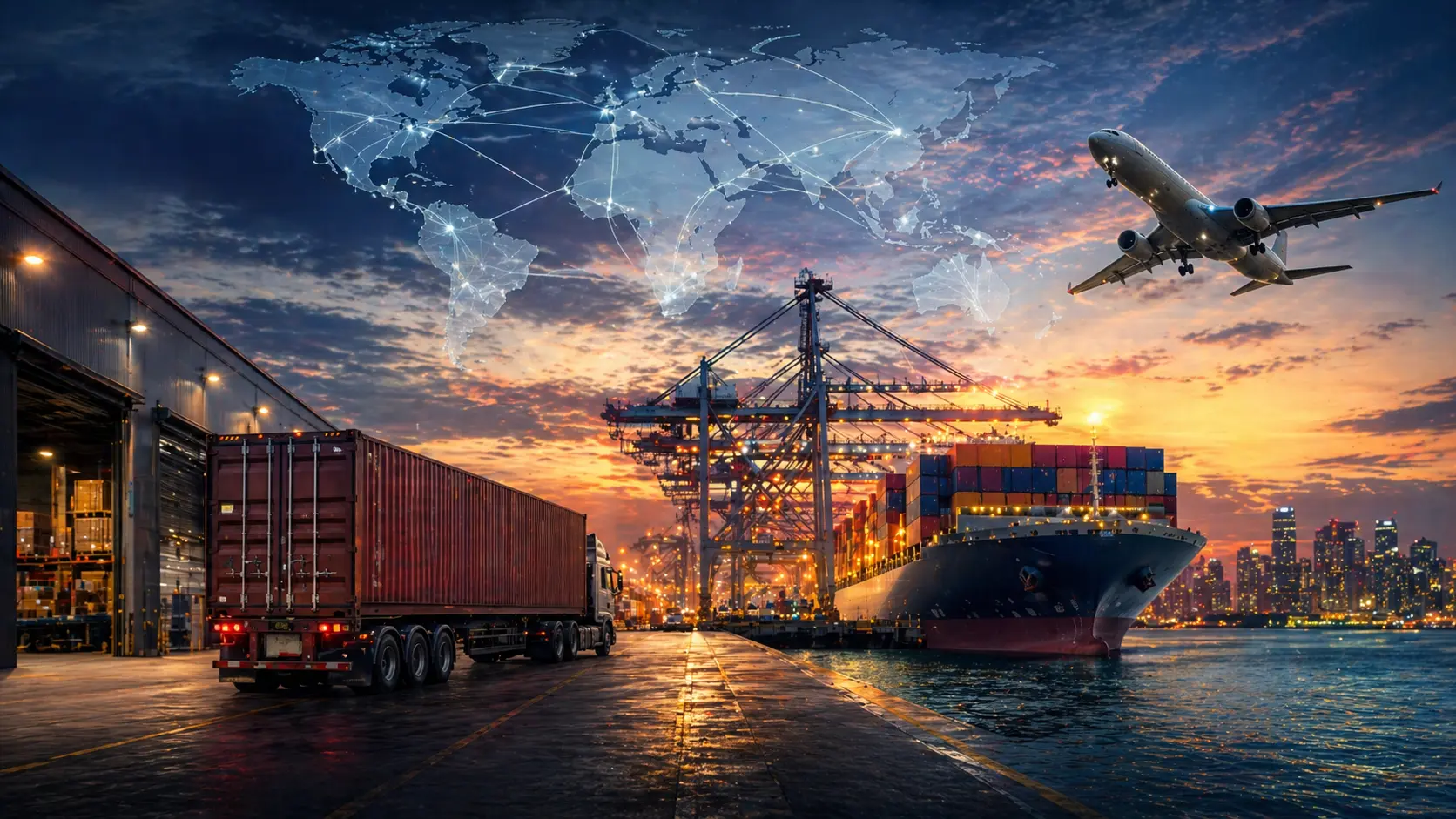 Global shipping network with port, containers, and airplane representing freight forwarders in Canada