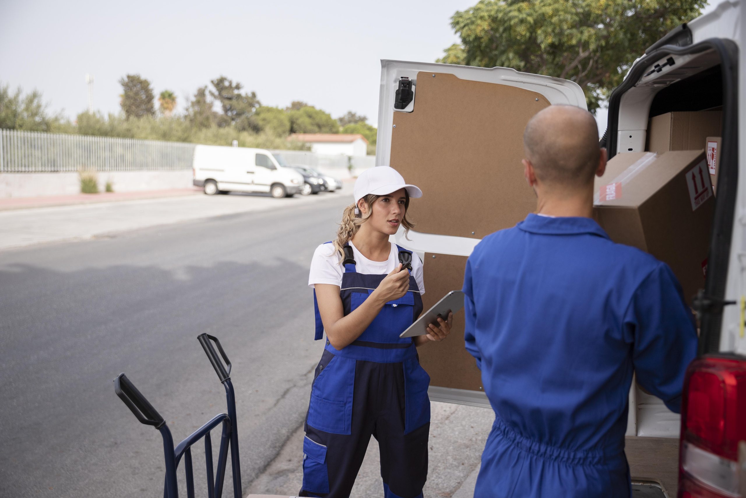 Logistics workers coordinating shipment with clipboard representing organized hauling company operations and delivery management