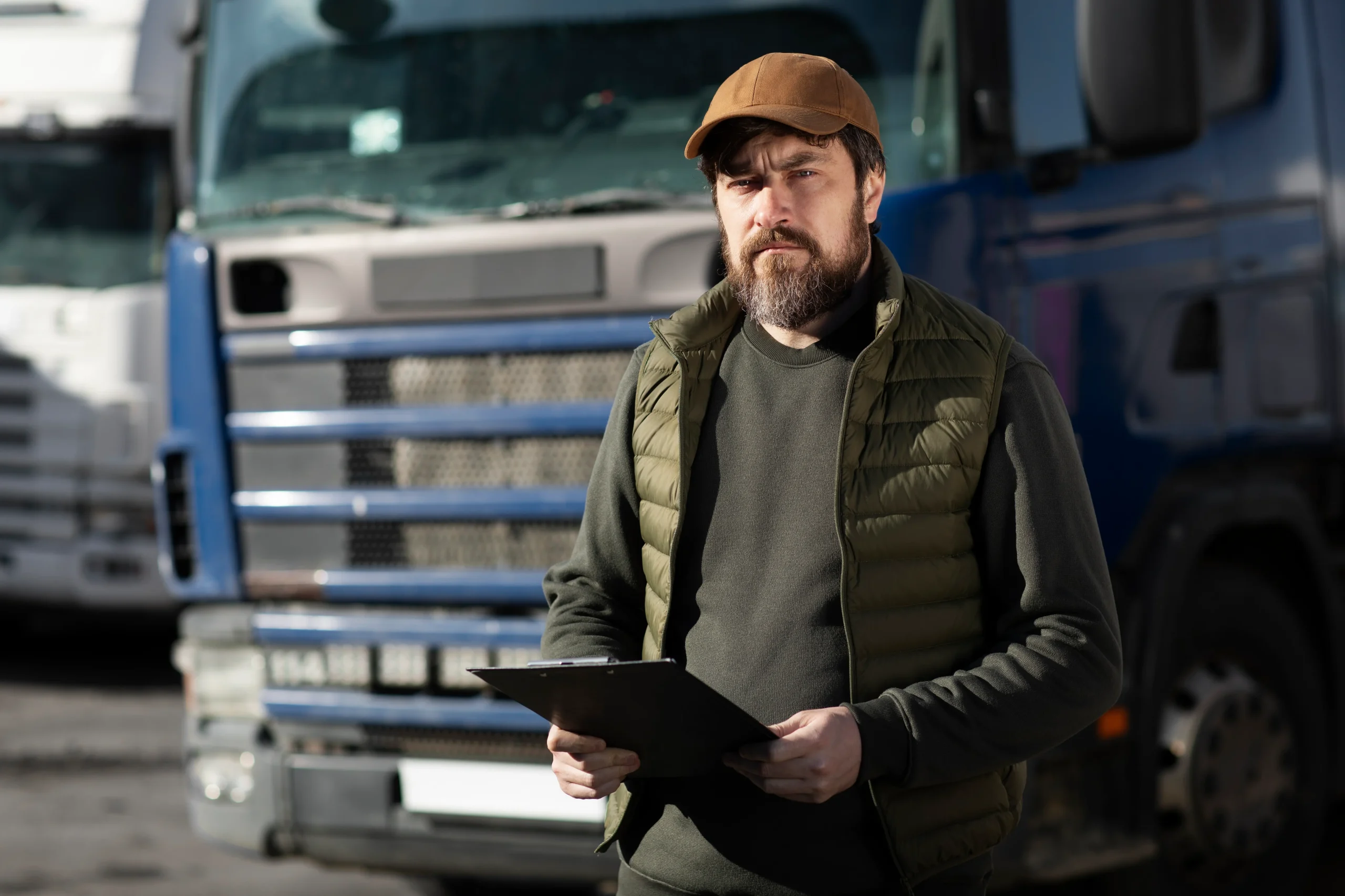 Supervisor with clipboard inspecting fleet for cross border transportation companies operations