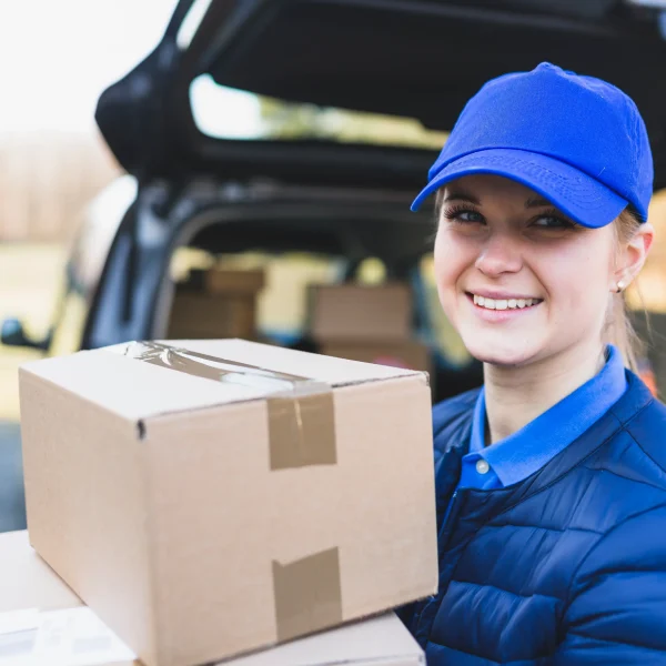 Fast freight shipping services with courier delivering packages from vehicle
