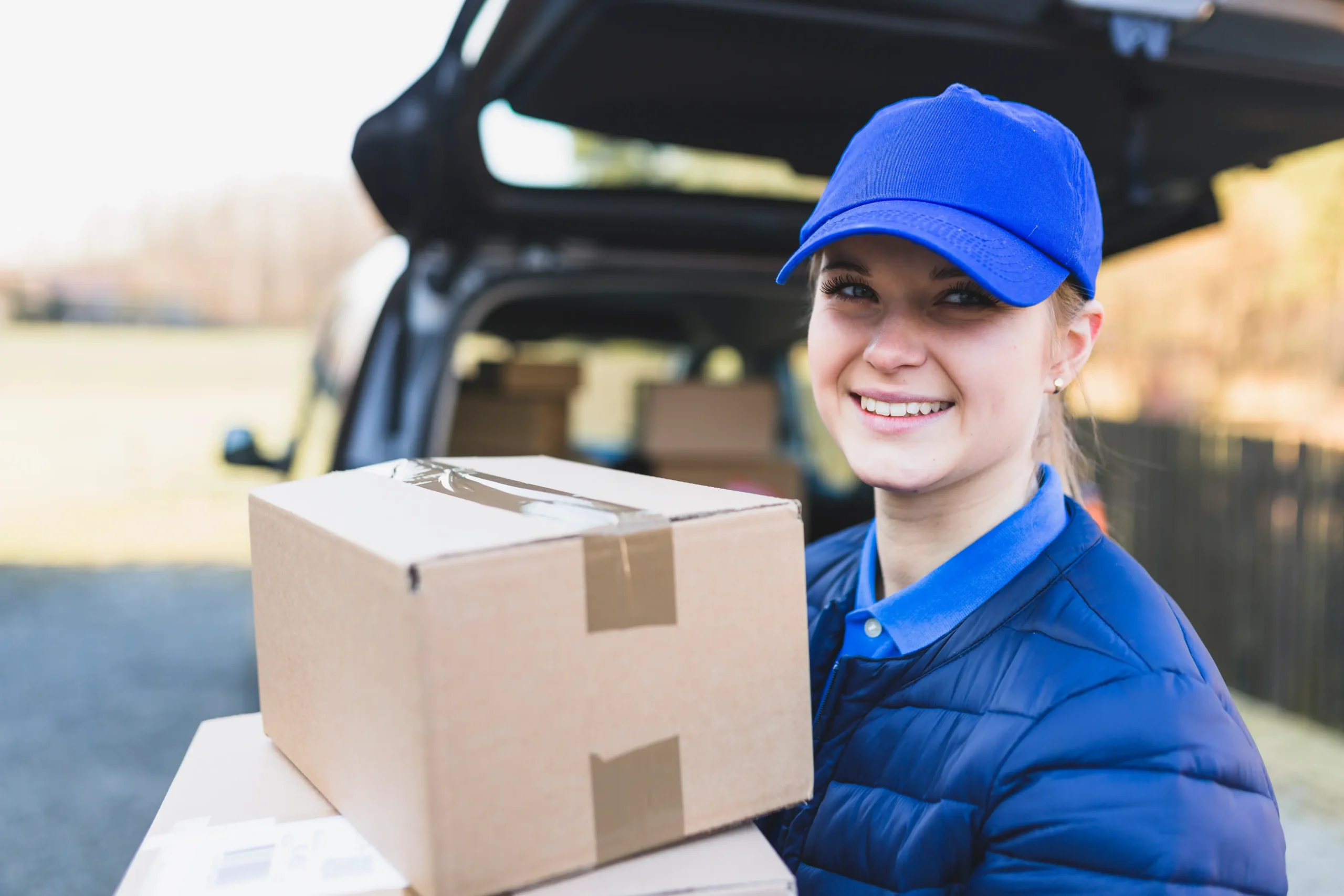 Fast freight shipping services with courier delivering packages from vehicle