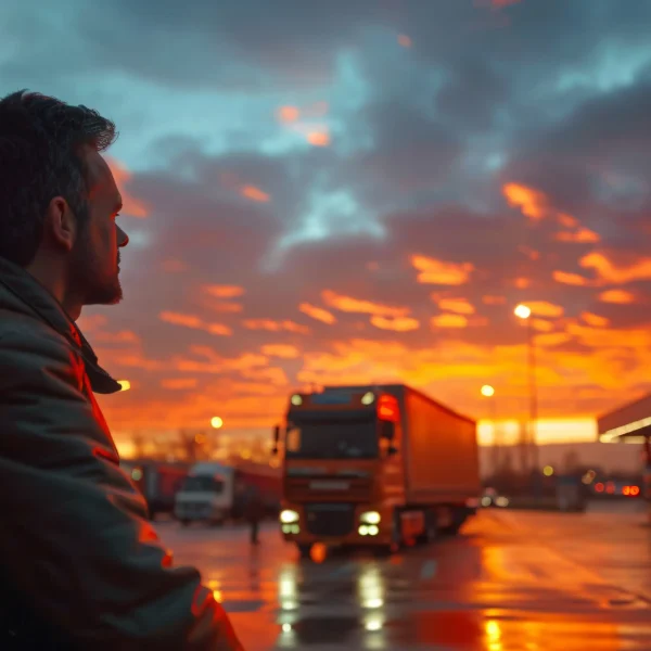 Truck at sunset highway stop illustrating freight transport USA to Canada operations