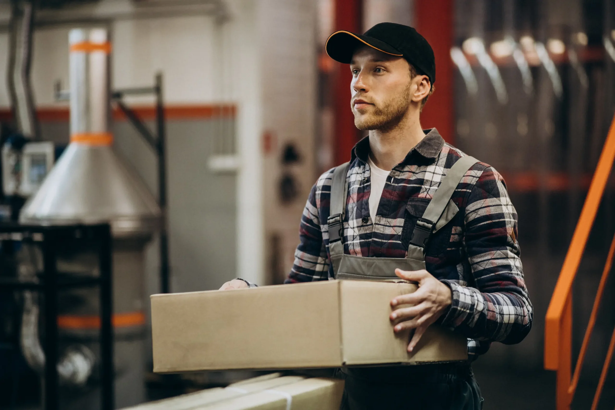 Industrial worker handling shipments in commercial freight services facility