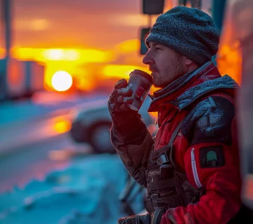 Canadian regional freight transport driver during winter operations at sunrise