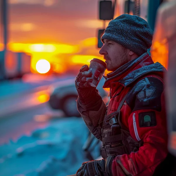 Canadian regional freight transport driver during winter operations at sunrise