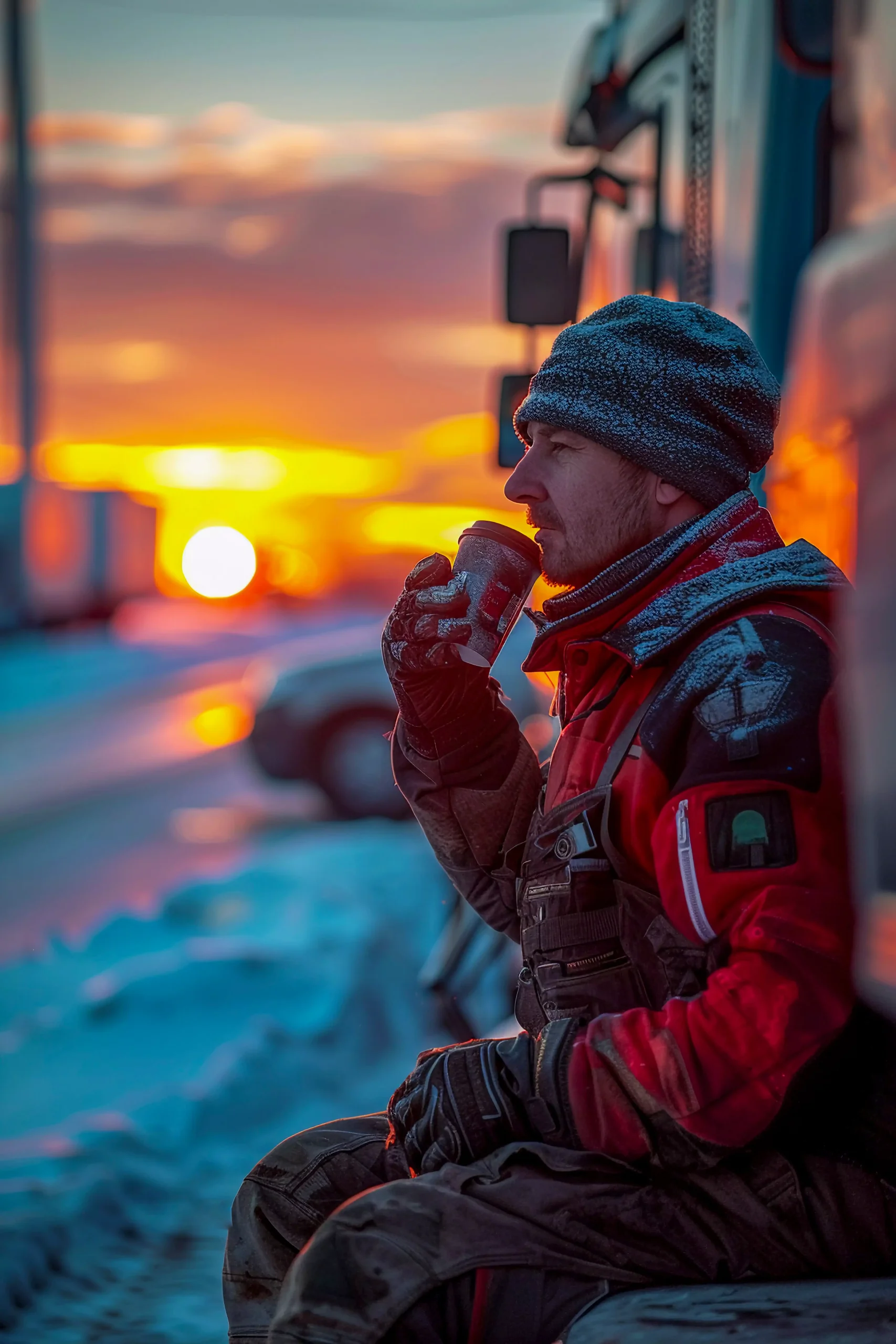 Canadian regional freight transport driver during winter operations at sunrise